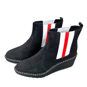CECELIA NEW YORK Black Ankle Boots with Red and White Stripes